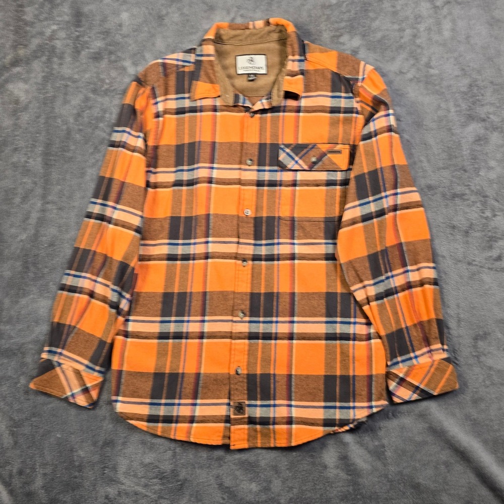 Legendary Whitetails Shirt Men's Large Hunter Orange Brown Tartan‎ Plaid Flannel
